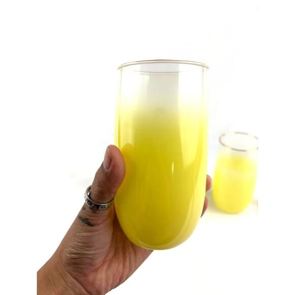 Mid Century Vintage Blendo Yellow Frosted Glass Cocktail Set of 4 Gold Rim 1950s - Picture 11 of 16